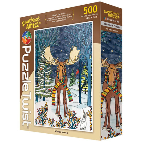 500-piece jigsaw puzzle showing a moose wearing a colorful scarf and a rabbit standing in a snowy forest with trees.