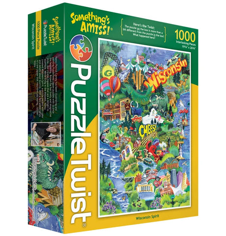 A 1000-piece puzzle featuring a colorful illustrated map of Wisconsin, state landmarks, hot air balloons, and playful decorative elements.