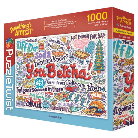 1000-piece puzzle box with a red and white design, decorated with colorful, hand-drawn Midwest phrases such as “You Betcha!” and “Uff Da.”.