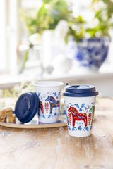 Mug: Dalahast Dala Horse To Go Coffee Mug with Silicone Lid - Dalom Series Porcelain White (13 oz)