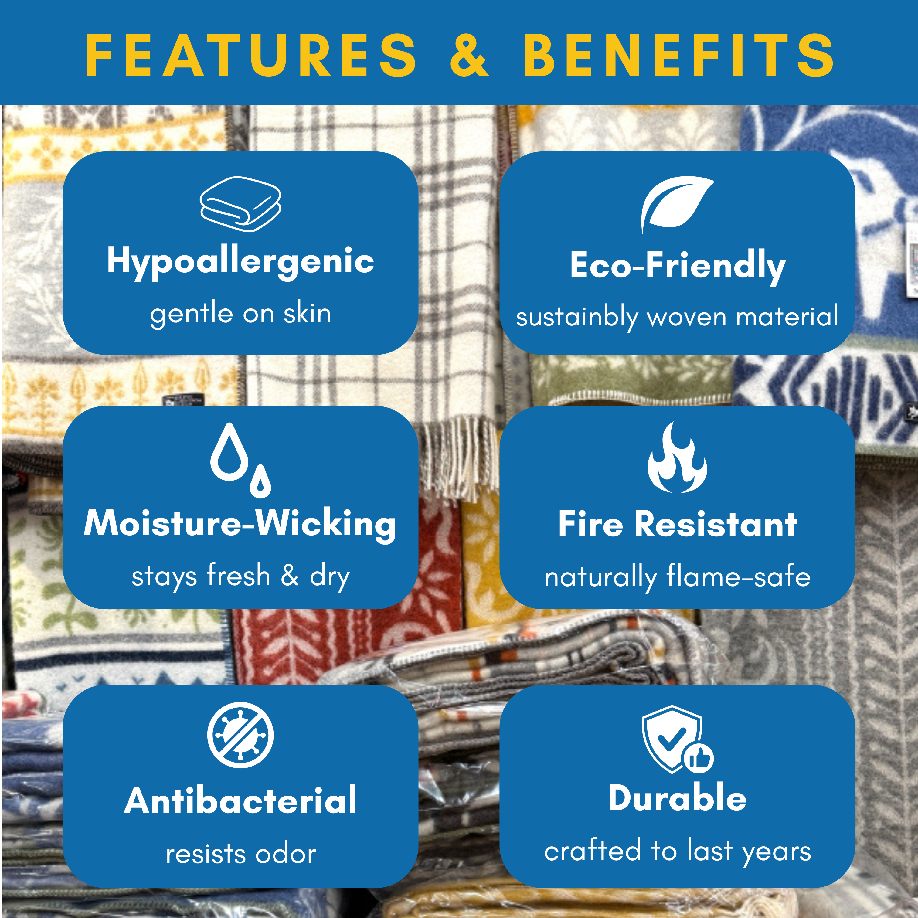 A graphic displays six features of the Ullfilt Dalarna Wool Blanket—hypoallergenic, eco-friendly, moisture-wicking, fire resistant, antibacterial, and durable—in front of stacked Swedish-patterned blankets.