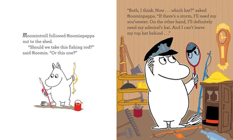 Moomintroll, with his fishing rod and bucket, prepares for a moonlight adventure in Moomin and the Moonlight Adventure by Tove Jansson, while Moominpappa considers which hat to wear among the shed’s scattered objects.