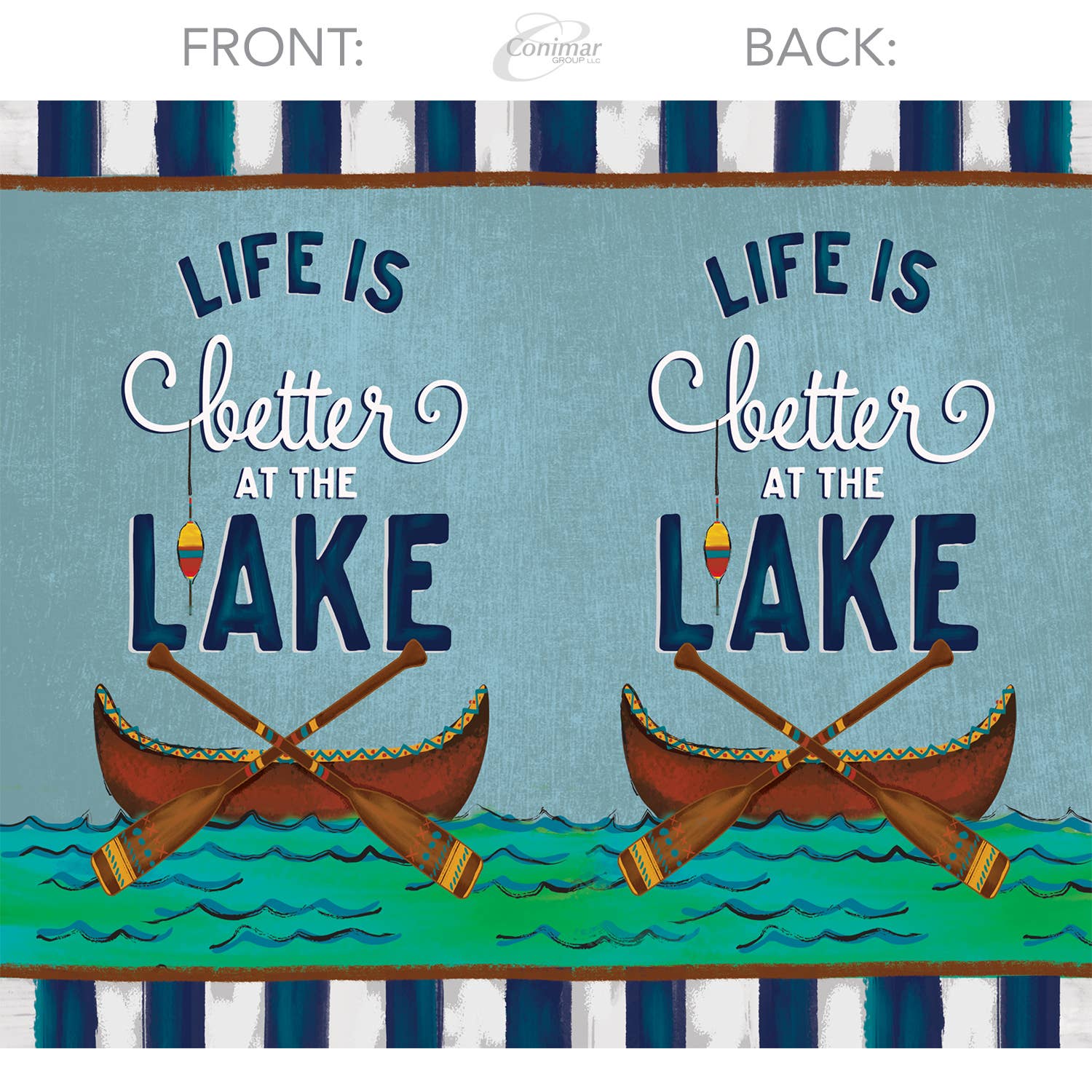 Illustration of two canoes with paddles on a lake, captioned "Life is better at the lake" on both the front and back. The "Life is Better at the Lake" 22 oz. Double Wall Insulated Tumbler features double wall insulation to keep your drink cool and is dishwasher safe for easy cleaning.