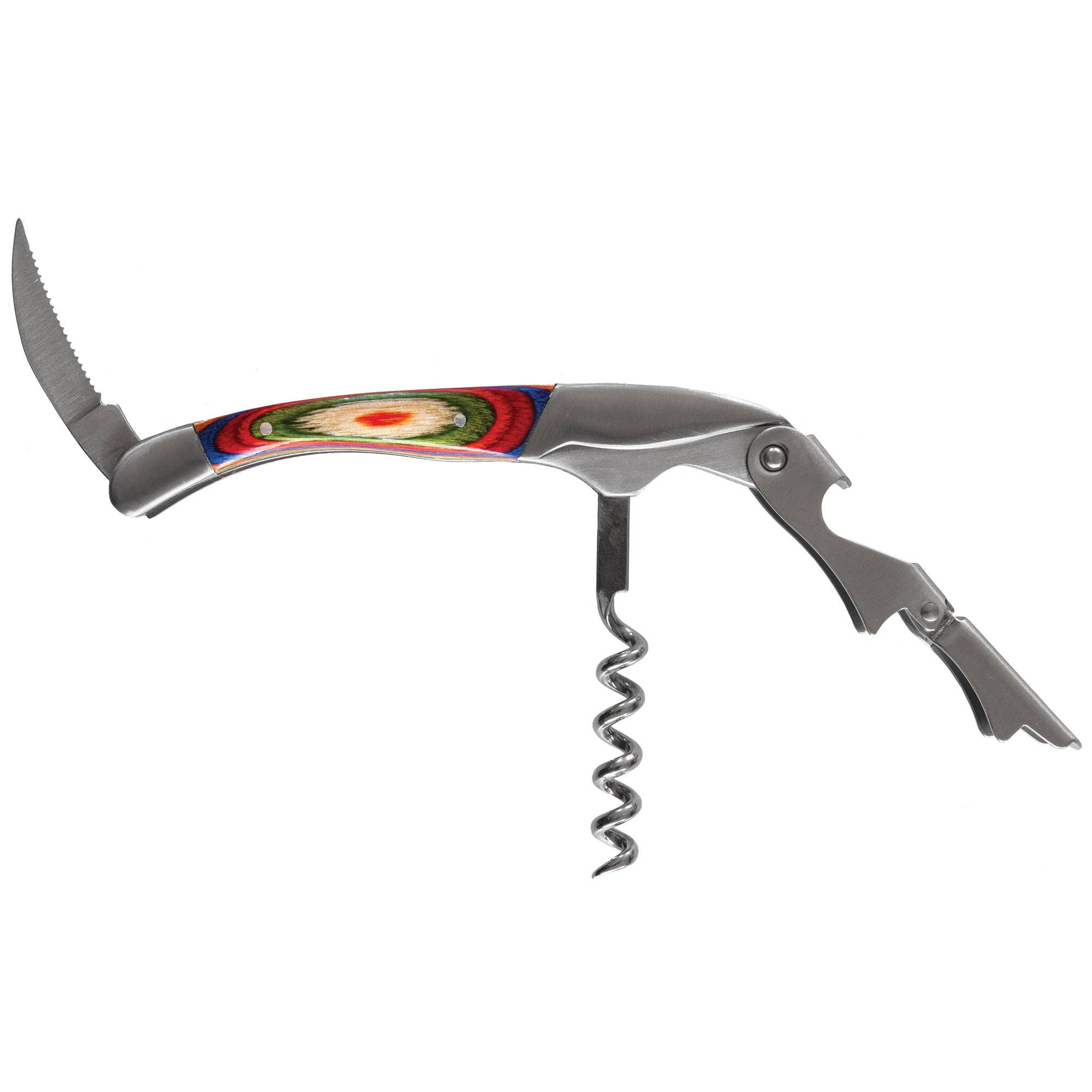 The Marrakesh Collection Waiter's Friend Corkscrew showcases a vibrant design and multitool functionality, including a foil cutter, corkscrew, and bottle opener blade.