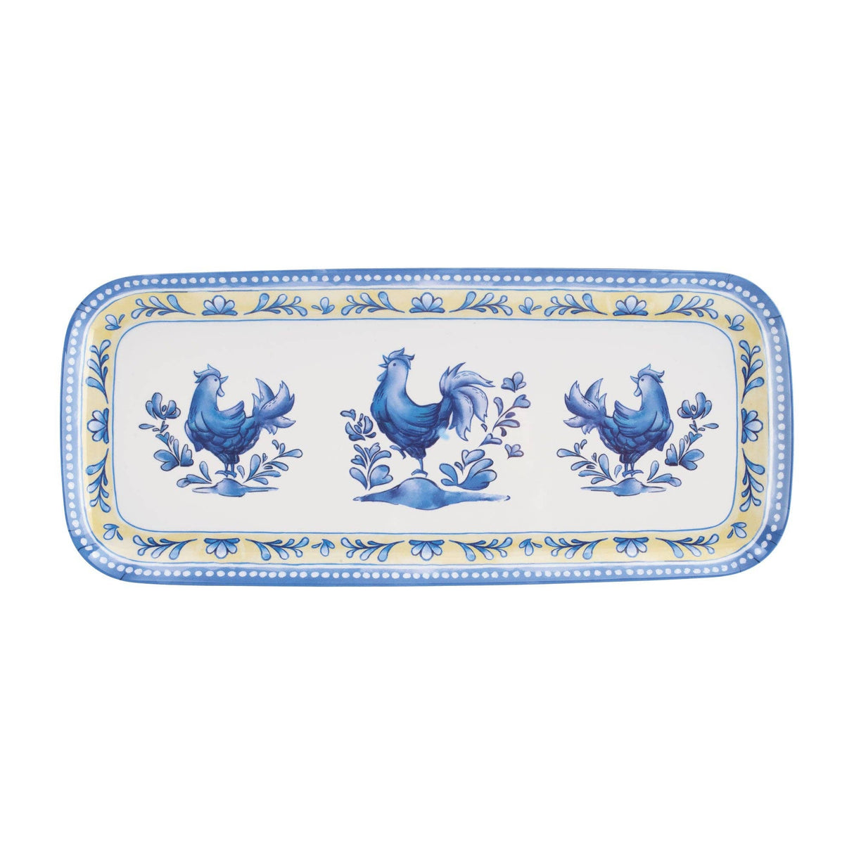 Rectangular tray with a blue ceramic-style finish, decorated with blue floral patterns, three blue roosters, and yellow-blue borders.