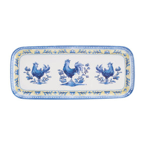 Rectangular tray with a blue ceramic-style finish, decorated with blue floral patterns, three blue roosters, and yellow-blue borders.