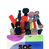 A colorful 8oz Sockerbit Swedish Candy Bag labeled "Candy: Licorice Mix" contains an assortment of Scandinavian licorice and fruity gummies, with about 7 servings inside.