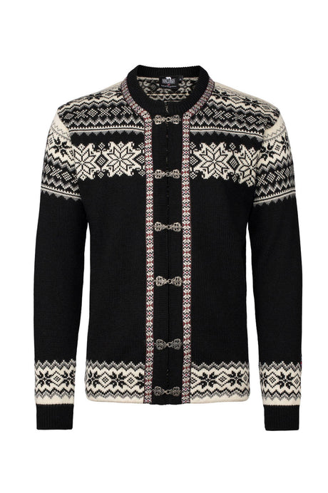 The Sweater: Stavanger Norwegian Wool Cardigan in black showcases white Nordic snowflake and geometric patterns, metal front clasp closures, and red trim—an iconic piece of traditional Norwegian knitwear.