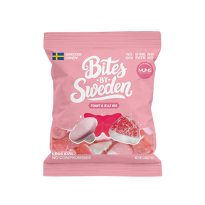 A pink bag labeled “Bites by Sweden” with assorted Swedish red and white candies, including foamy and jelly varieties, visible through a transparent window.