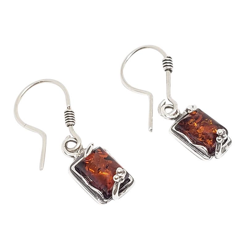 A pair of Cognac Baltic Amber .925 Silver Rectangle Hook Earrings featuring genuine Baltic amber stones in decorative frames.