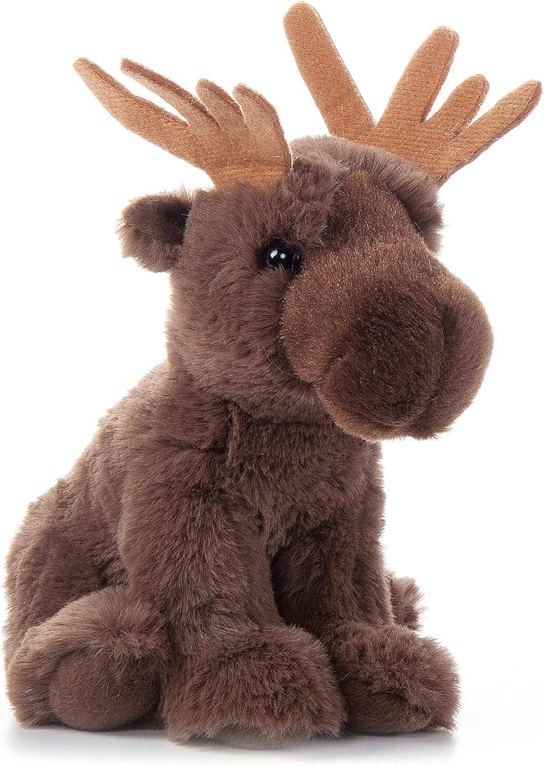 The Plush: Moose 9 Tall Stuffed Animal Wild Onez features brown fur, large antlers, and black eyes, sitting upright on a white background. Crafted from recycled materials, it offers an eco-friendly and cuddly companion.