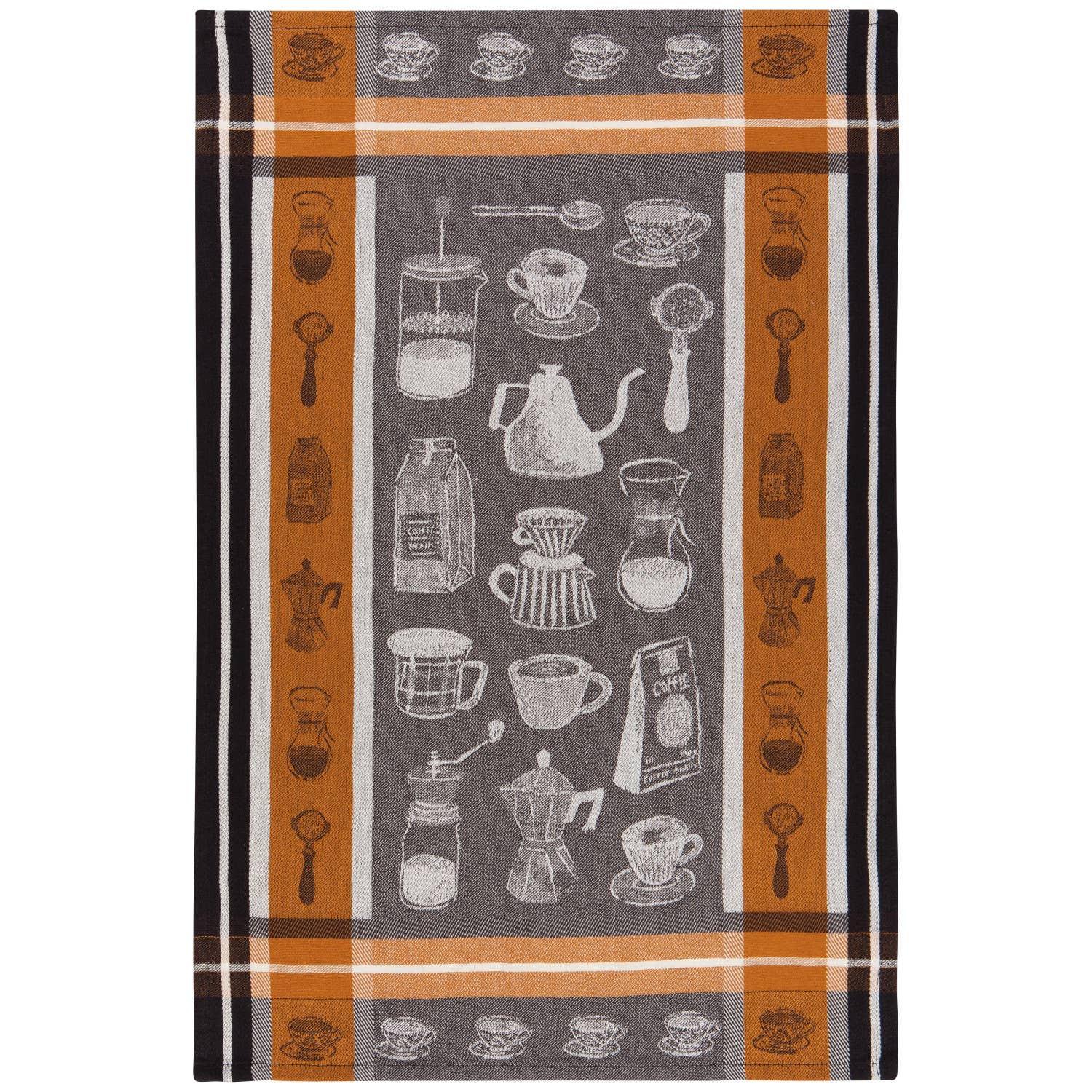 Introducing the "Tea Towel: Coffee Break Jacquard Dishtowel," featuring a Scandinavian-inspired design with an orange and brown border. This elegant tea towel beautifully displays white illustrations of coffee pots, cups, and grinders against a gray background—ideal for enhancing your coffee break moments.