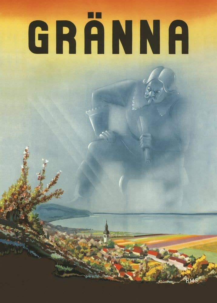 The Poster: Gränna 300 Years - Come to Sweden (50 x 70 cm) features a vintage design with a colossal figure soaring above the charming fields and town, printed on premium-quality paper.