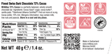 MilkBoy Finest 72% Cocoa Snack Size Bar (1.4oz): Swiss dark chocolate label shows nutrition facts, ingredients, allergy info, certifications (vegan, natural, gluten-free, soy-free, kosher), QR code. Net weight: 40g. Product of Switzerland.