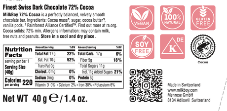 MilkBoy Finest 72% Cocoa Snack Size Bar (1.4oz): Swiss dark chocolate label shows nutrition facts, ingredients, allergy info, certifications (vegan, natural, gluten-free, soy-free, kosher), QR code. Net weight: 40g. Product of Switzerland.