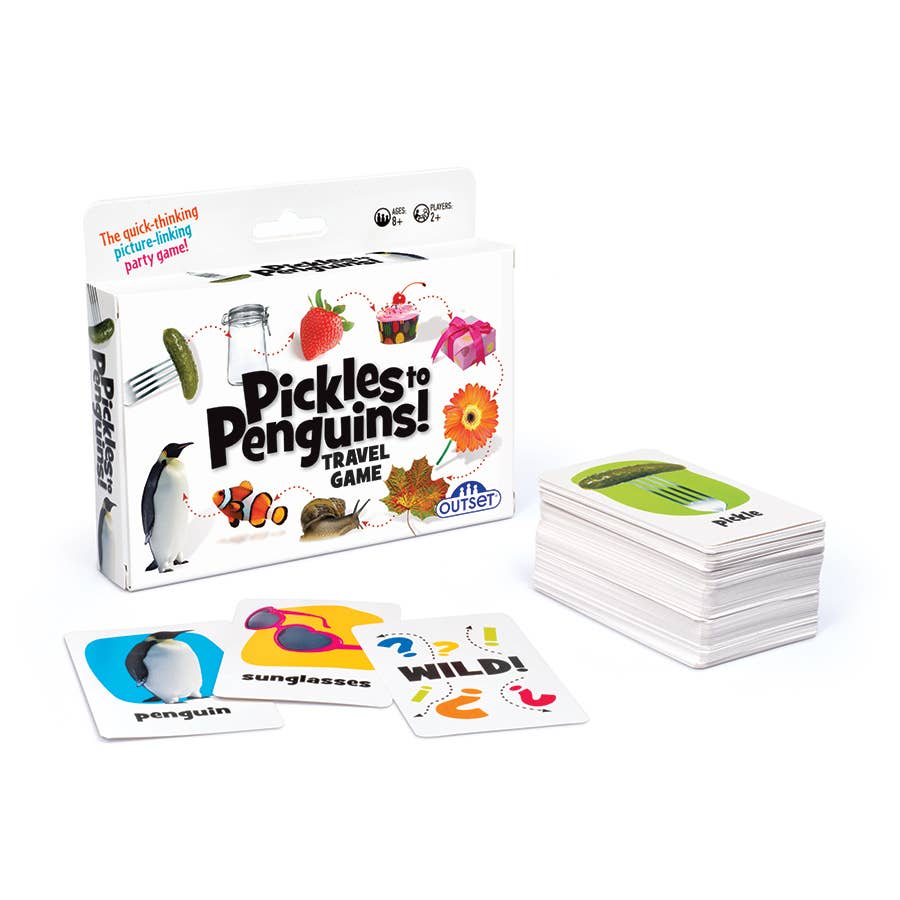 The image shows the Game: Pickles to Penguins! The Fast-Paced Game of Wild Connections Travel Game box, a stack of cards, and item cards like a penguin and sunglasses—great for family game nights or quick travel entertainment.