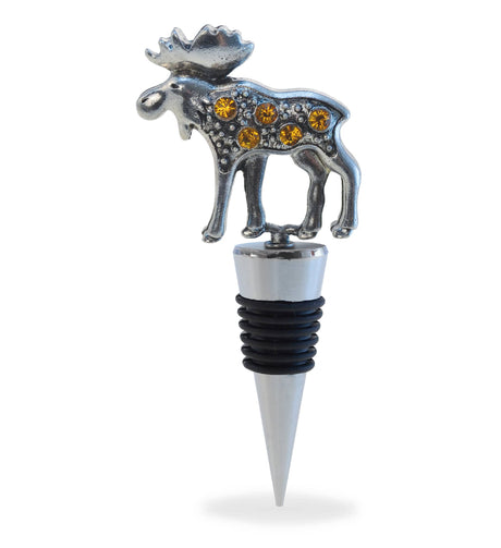 The Wine Stopper: Metal Moose Wine Stopper features a metal design with a decorative moose figure and five amber-colored gems, making it a charming collectible for any wine enthusiast.
