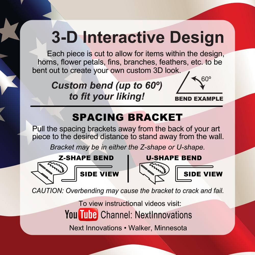 Instructions for utilizing a 3-D interactive design to customize bends in your Wall Decor: Pine Tree Metal Wall Art: 22", allowing you to craft U-shape and Z-shape configurations. The guide includes a caution regarding potential cracking and provides information on rust resistance. Visit our YouTube channel for additional tutorials.