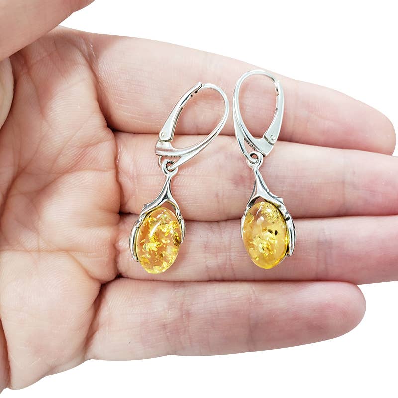 Earrings: Citrine Amber Sterling Silver Earrings On Hooks. Oval-shaped