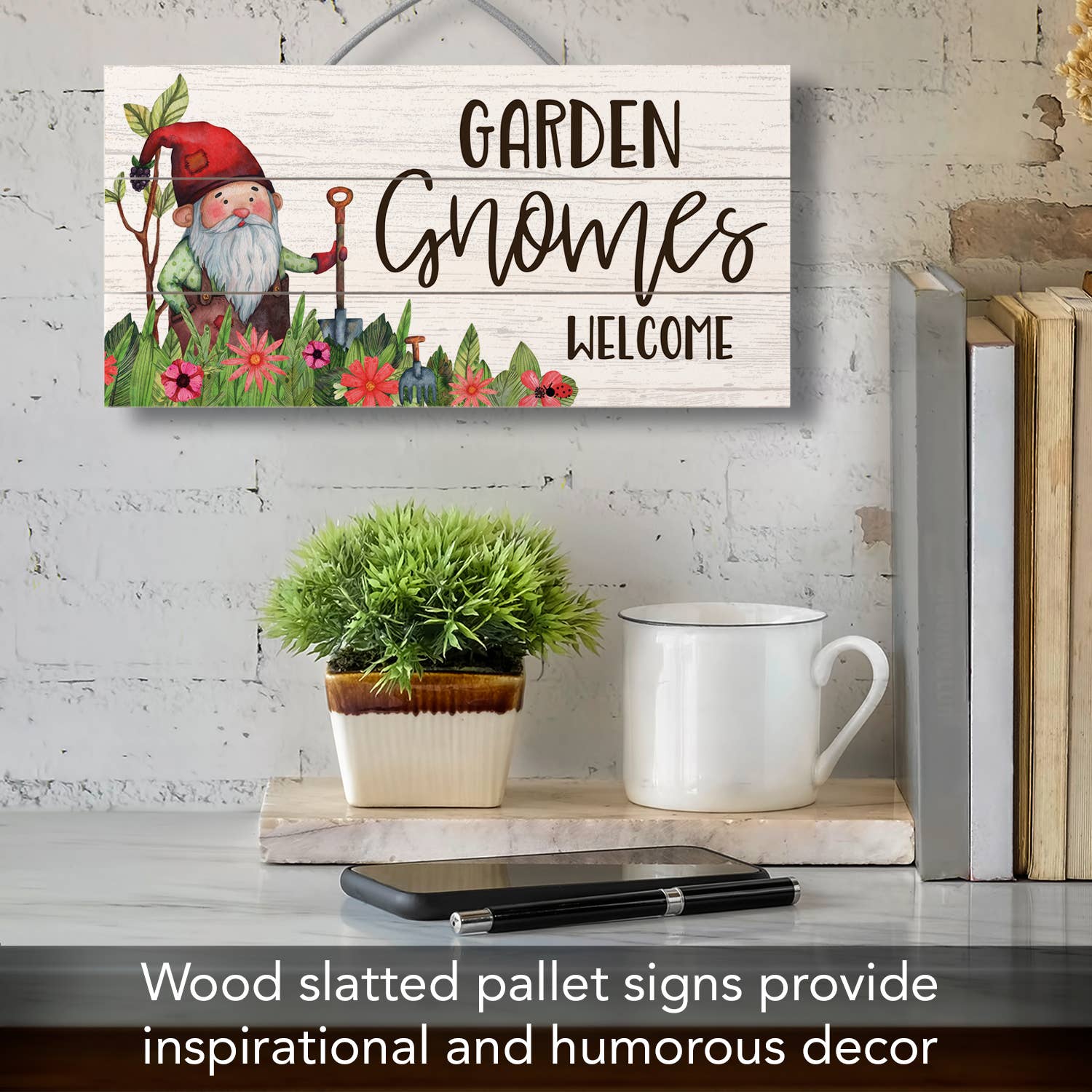 Sign: Garden Gnomes Decorative Slatted Pallet Wood Sign 12" by 6"