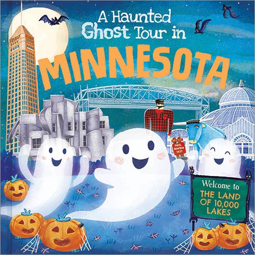 Featuring an enchanting illustration of a little ghost, pumpkins, and Minnesota landmarks, this depiction beautifully promotes the Book: Haunted Ghost Tour in Minnesota. The text warmly invites you to explore the Land of 10,000 Lakes, reminiscent of a Halloween picture book sprung to life.