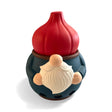 Gnome garlic keeper figurine featuring a red hat, white beard, blue coat, and round nose on a plain white background.