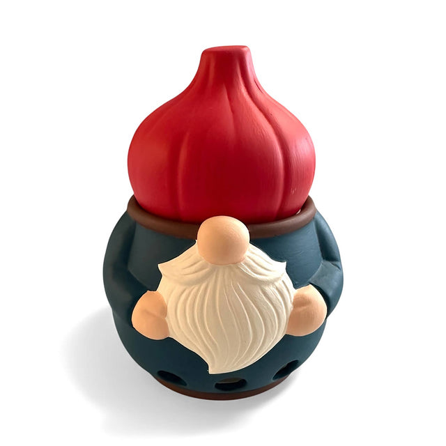 Gnome garlic keeper figurine featuring a red hat, white beard, blue coat, and round nose on a plain white background.