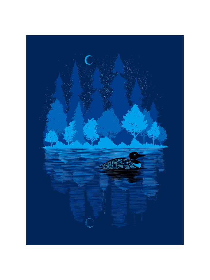 This Artwork: Loon by Adam Turman captures the essence of Minnesota's cabin life with an illustration of a loon swimming on a dark, reflective lake. Silhouetted trees and a crescent moon set the background, evoking serene nights away from city lights in this 11" x 14" screen print.