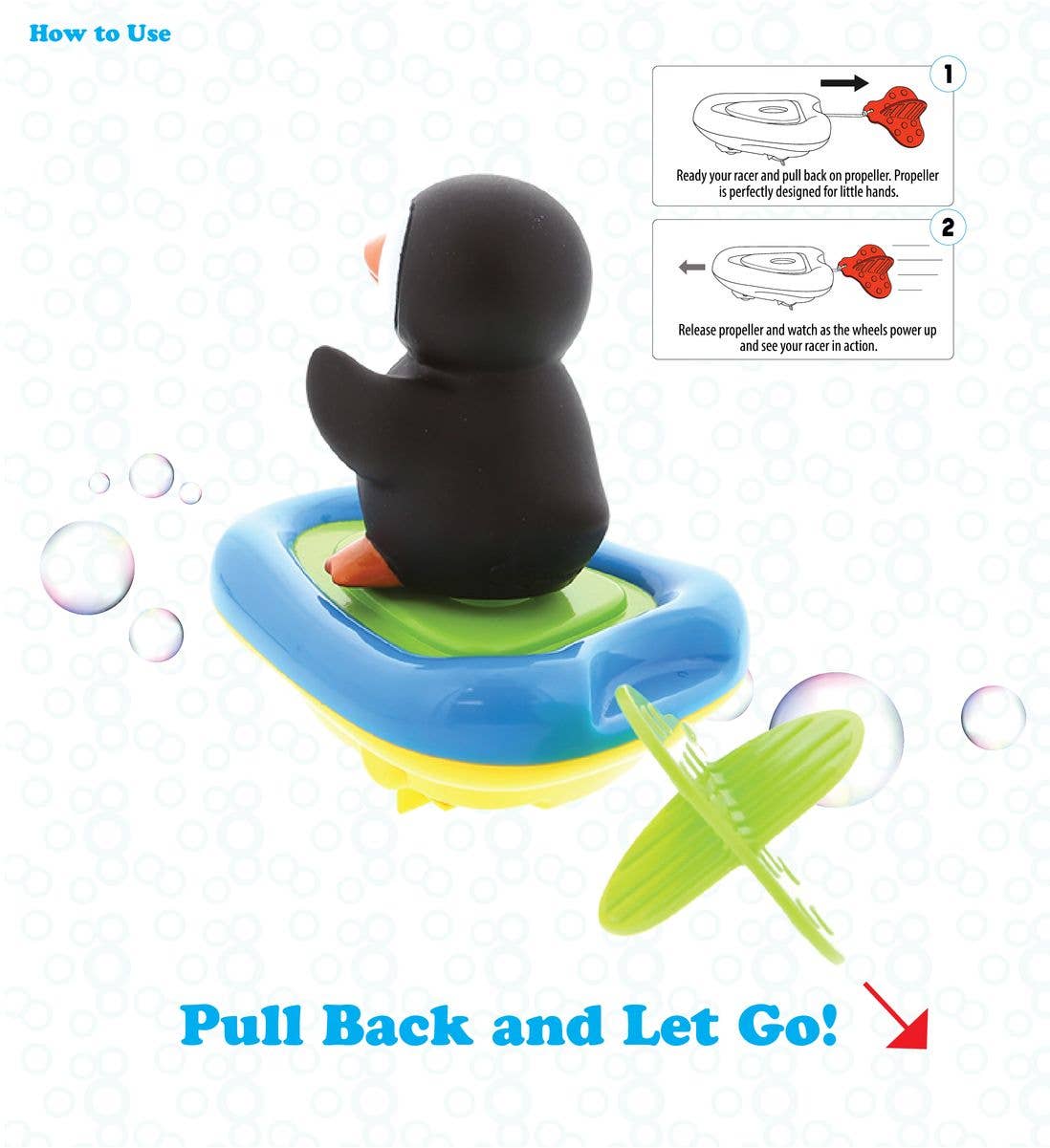 The Bath Toy: Penguin Boat Racers Buddy features a penguin on a blue and green boat with a green propeller—just pull back the propeller and release to make this educational water toy zoom ahead.