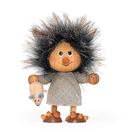 Handcrafted in Scandinavia, the Figurine: Scandinavian Troll Boy with Mouse features a wooden round head, wild fuzzy hair, beige dress, holding a small mouse toy, and stands on wooden feet against a white background.