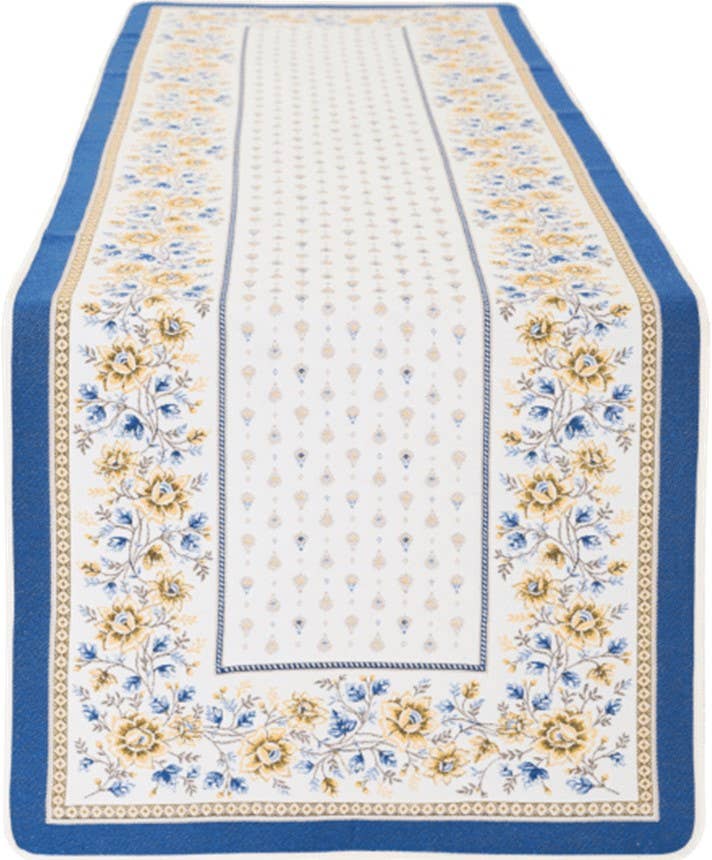 The Runner: Blue & Yellow Floral Jacquard Table Runner (68 x 20 inches) features yellow and blue flowers on a white background with a blue border, inspired by the colors of the Swedish flag.