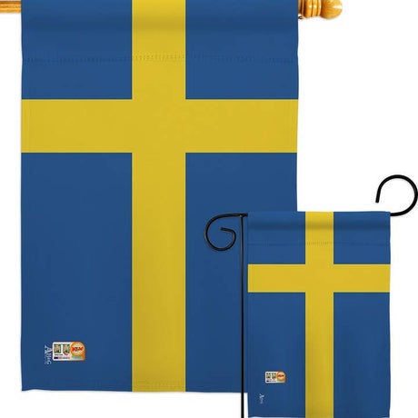 The Flag: Sweden Garden Flag features the Swedish flag on weather-resistant fabric, ready to display outdoors with options for a wooden pole or metal garden stand—ideal as authentic Scandinavian decor for your garden.