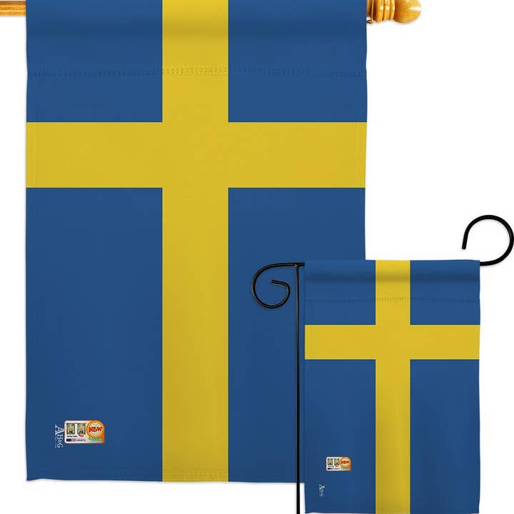 The Flag: Sweden Garden Flag features the Swedish flag on weather-resistant fabric, ready to display outdoors with options for a wooden pole or metal garden stand—ideal as authentic Scandinavian decor for your garden.