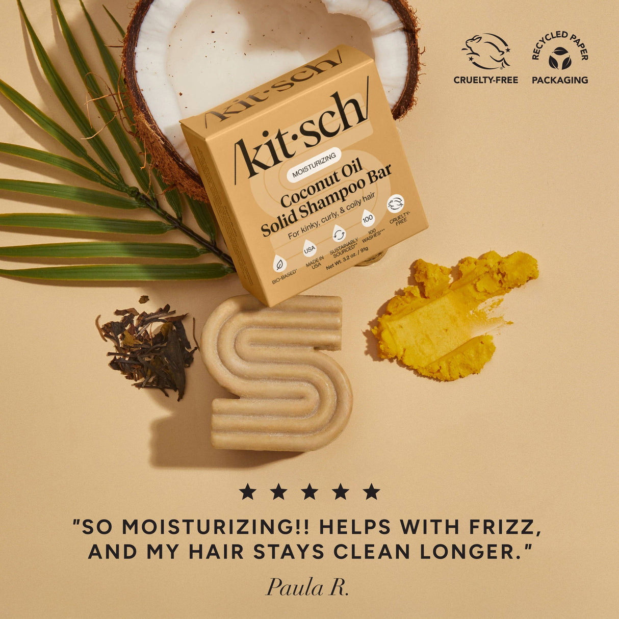 The Kitsch Coconut Oil Shampoo & Conditioner Bar Combo for Dry, Damaged Hair (2 x 2.7oz) is shown with hydrating benefits, yellow powder, tea leaves, and cruelty-free plus recycled packaging icons—ideal for curly hair.