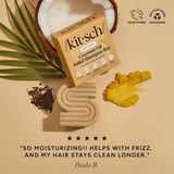 The Kitsch Coconut Oil Shampoo & Conditioner Bar Combo for Dry, Damaged Hair (2 x 2.7oz) is shown with hydrating benefits, yellow powder, tea leaves, and cruelty-free plus recycled packaging icons—ideal for curly hair.
