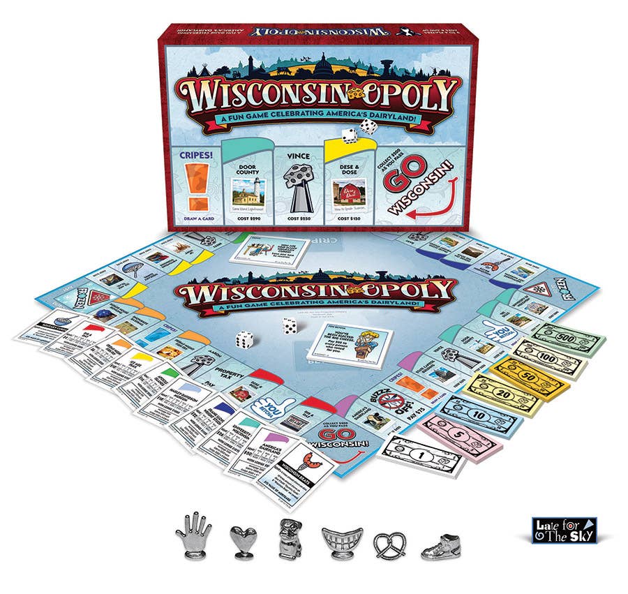 The Game: Wisconsin-Opoly (state) Board Game highlights Dairyland-themed properties, currency, and tokens, with a strong emphasis on Cheesehead elements.