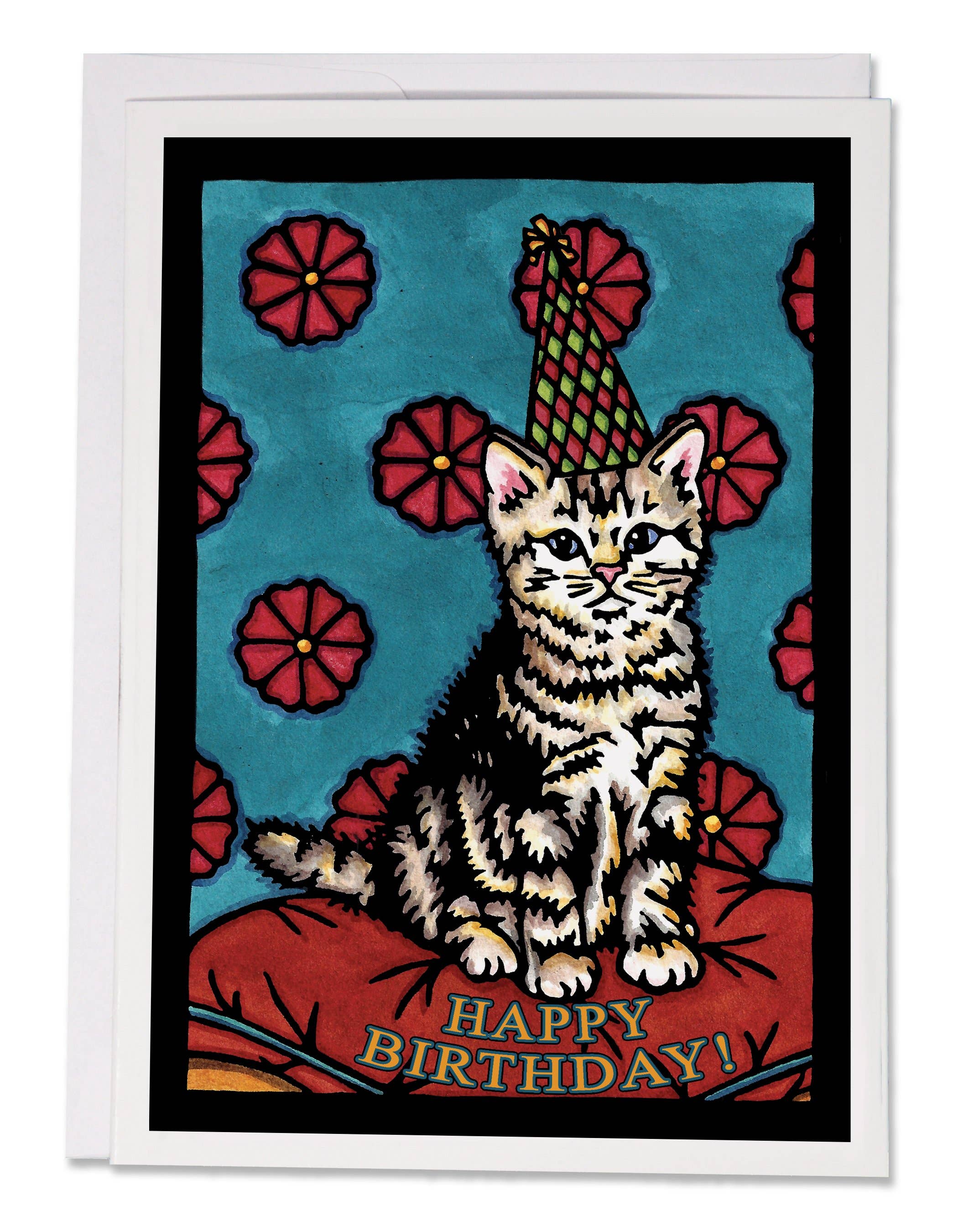 This charming birthday card, titled "Birthday Kitten" by Sarah Angst, features an illustration of a cat in a party hat relaxing on a cushion against a patterned background. Infused with whimsical charm characteristic of Sarah Angst's art style, the card is inscribed with "Happy Birthday!" at the bottom, making it an ideal choice for anyone who loves unique greeting cards.