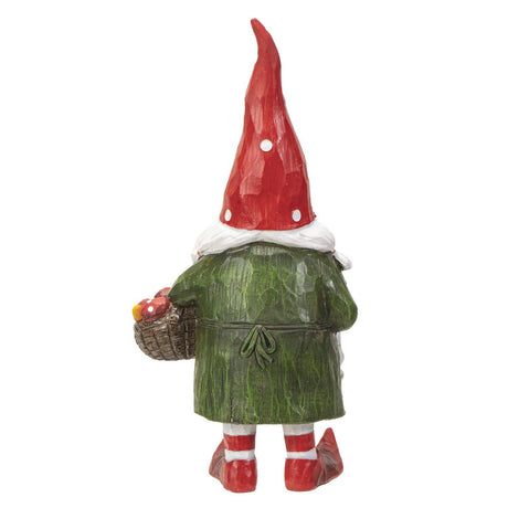 The 9.72" Granny Gnome features hand-painted resin, a tall red spotted hat, green coat, red-striped pants, and a basket of apples—ideal for woodland décor.
