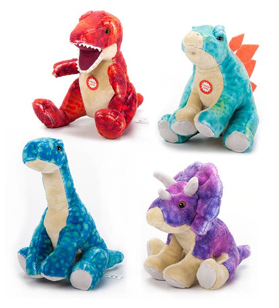 Introducing the Plush: Dinosaurs Assortment with Roaring Sound 8" collection—four delightful plush dinosaurs ideal for imaginative play. This set includes a vibrant red T-Rex, a striking turquoise Stegosaurus, a soothing blue Brachiosaurus, and a charming purple Triceratops. Each plush dinosaur sits upright with textured fur, prepared to inspire adventures and spark creativity.