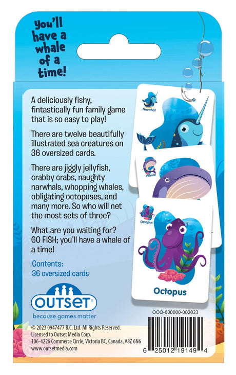 The back of the Go Fish Card Game box displays an underwater adventure with sea creature cards and company contact info—ideal for fans of this classic family game.