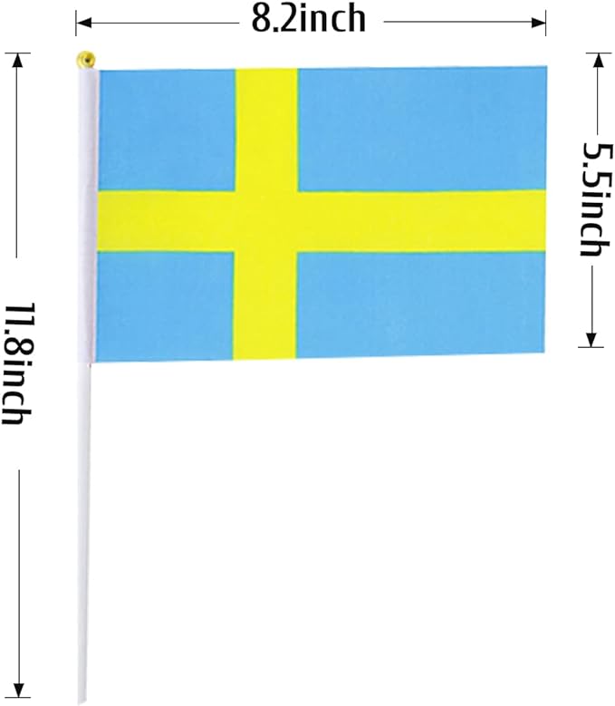 The Flag: Sweden (5"x8") features a blue background with a yellow Nordic cross and is mounted on an 11.8-inch plastic pole, making it ideal for waving or displaying with pride.