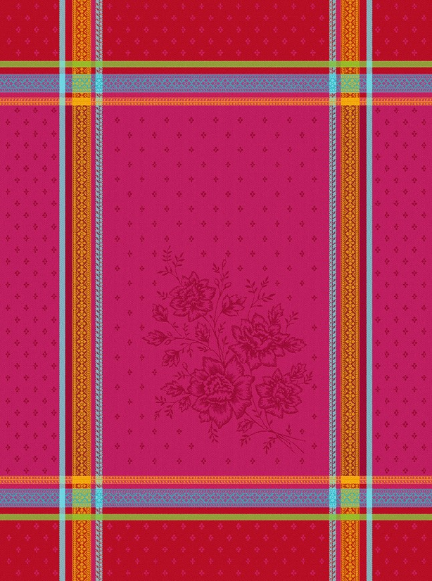 The Tea Towel: Bouquet Fuchsia Jacquard Woven Tea Towel (20x28 inches) features a red and pink plaid with thin yellow, blue, and orange lines plus a floral motif—ideal for adding charm to any decorative kitchen or cotton tea towel display.