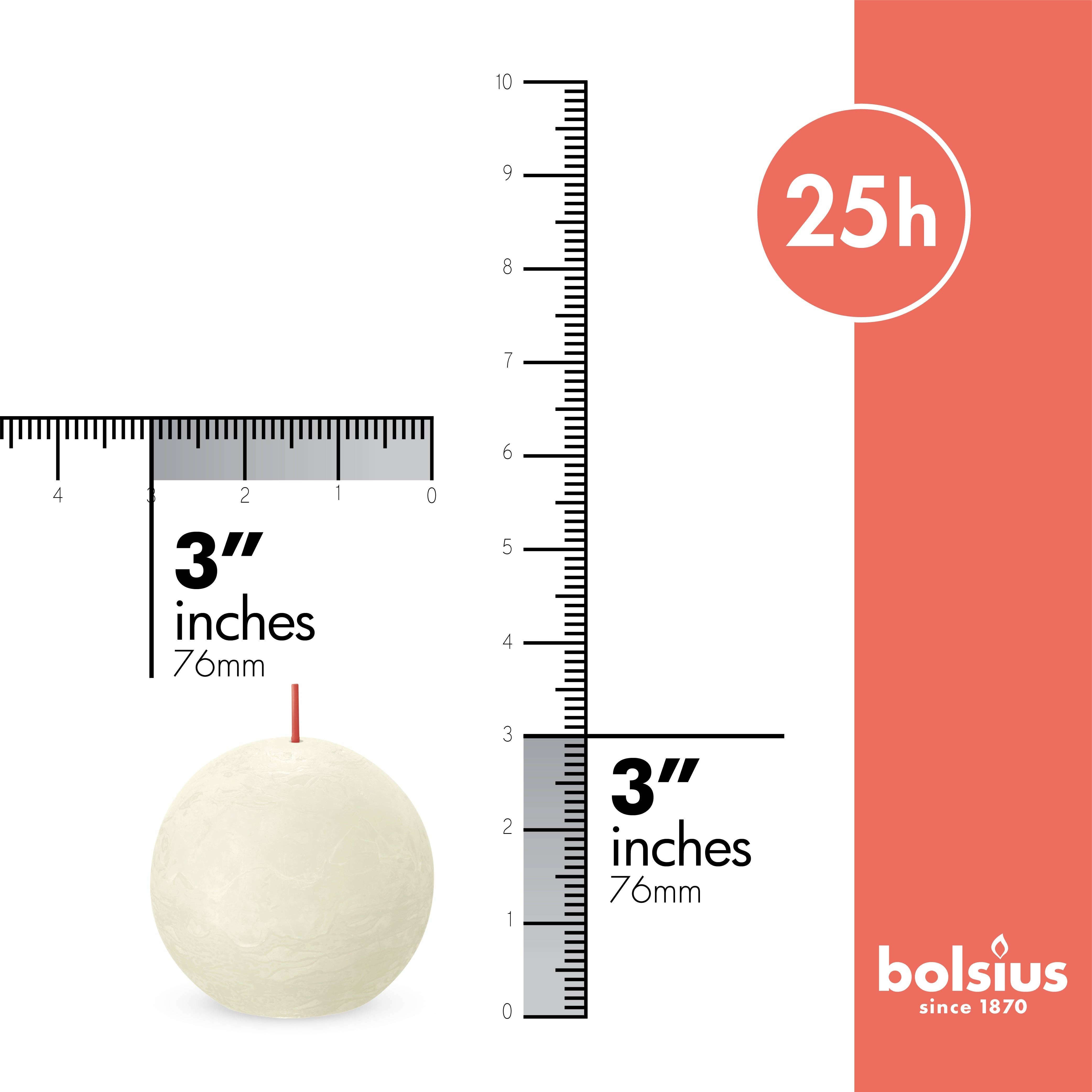 A Blossom Pink Rustic ball candle measuring 3 inches (76mm) in diameter is displayed beside a ruler with measurement markings. It features a 25-hour burn time and showcases the Bolsius brand logo. Made from eco-friendly, plant-based wax, this unscented candle elegantly fuses style with sustainability.