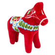 Introducing the Plush: Dala Horse Red - Dalahast, a charming red plush toy horse adorned with a delightful Swedish Kurbits pattern, featuring vibrant green, blue, and white details reminiscent of the iconic Dala Horse from Sweden.