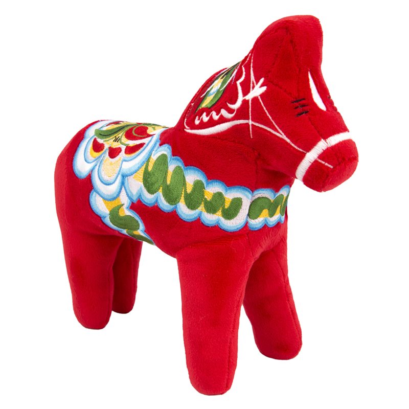The Plush Dala Horse "Dalahast" in red features multi-color kurbits embroidery and measures 9" tall, 9" long, and 3" wide—ideal for adding a Scandinavian flair to your décor.