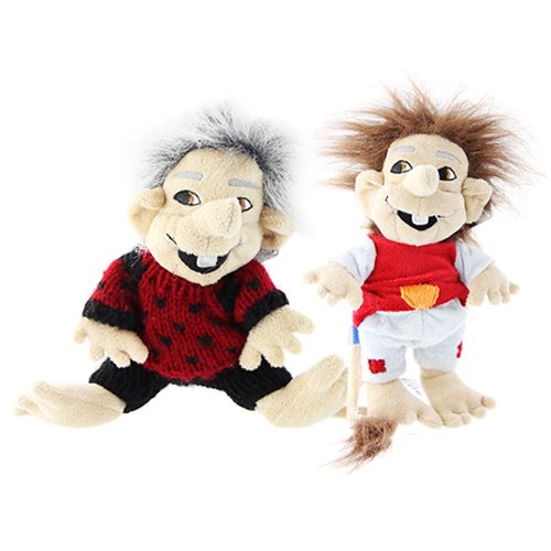 Enjoy the whimsical charm of two plush softie trolls from the "Trolls: Softie Trolls 2 Variations" collection. One features gray hair with a red and black sweater, while the other sports brown hair in a white and red outfit. These 20cm trolls are perfect for enhancing any collection with their exaggerated facial features.
