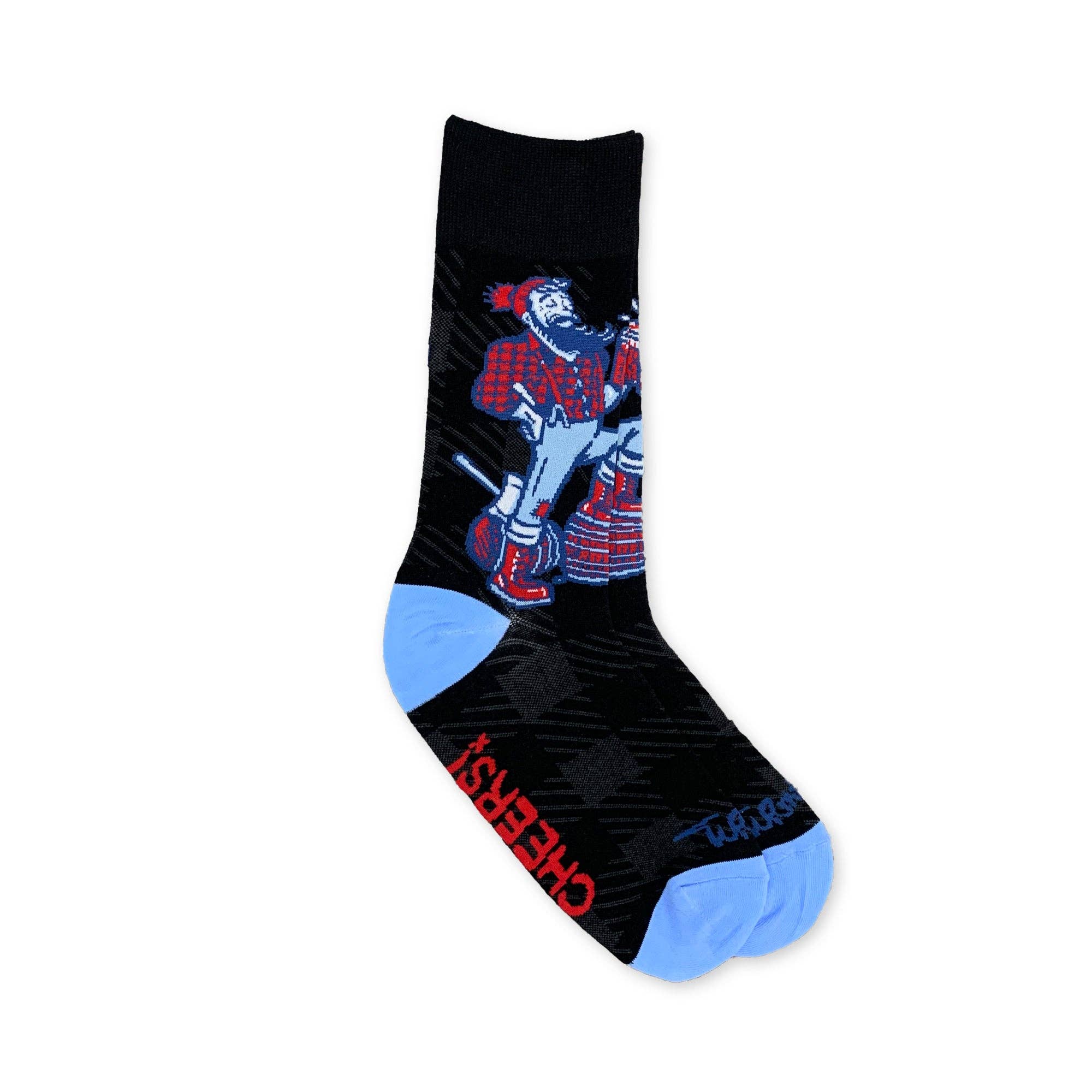 The Paul & Babe Cheers Socks by Adam Turman, designed for unisex sock lovers, showcase a striking black design with a band player in red plaid and blue accents. CHEERS! is boldly emblazoned in red on the foot area, offering a distinctive style.