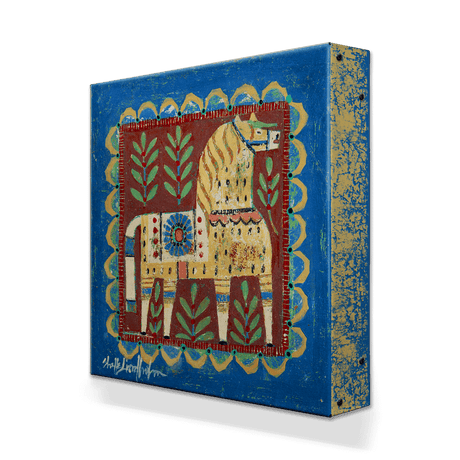 Wall Decor: Cream Dala Horse - Metal Box Art is a vibrant 18" x 18" aluminum box featuring a stylized Swedish Dala horse with decorative patterns on a blue-bordered square, inspired by Shelle Lindholm. Perfect for fans of unique wall decor.
