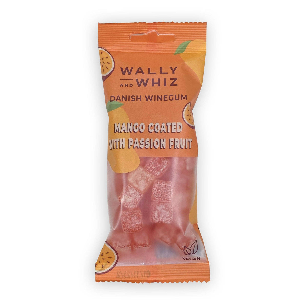 Wally & Whiz Mango with Passionfruit 56g blends sweet mango and tangy passion fruit in vegan Danish winegums. Presented in orange packaging with fruit illustrations, it’s perfect for fans of Nordic-style vegan gummies.