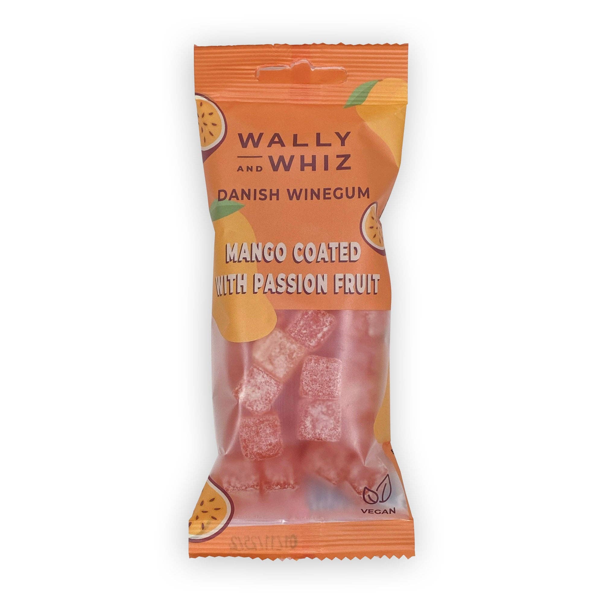 Wally & Whiz Mango with Passionfruit 56g blends sweet mango and tangy passion fruit in vegan Danish winegums. Presented in orange packaging with fruit illustrations, it’s perfect for fans of Nordic-style vegan gummies.